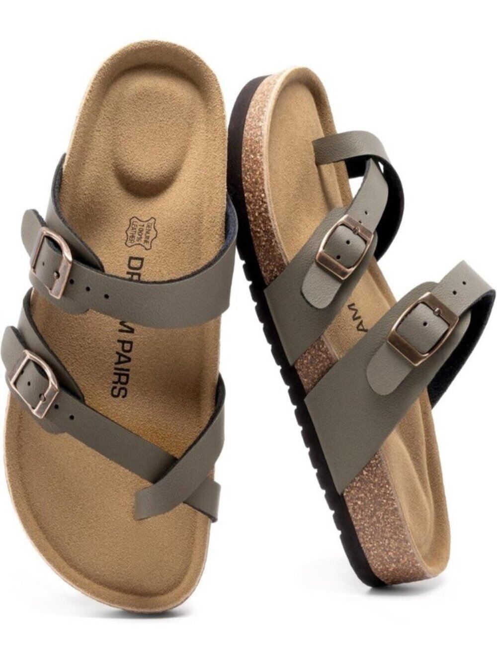 Women's Mocha Open Toe Leather Cork Adjustable Strap Slide Footbed Sandals